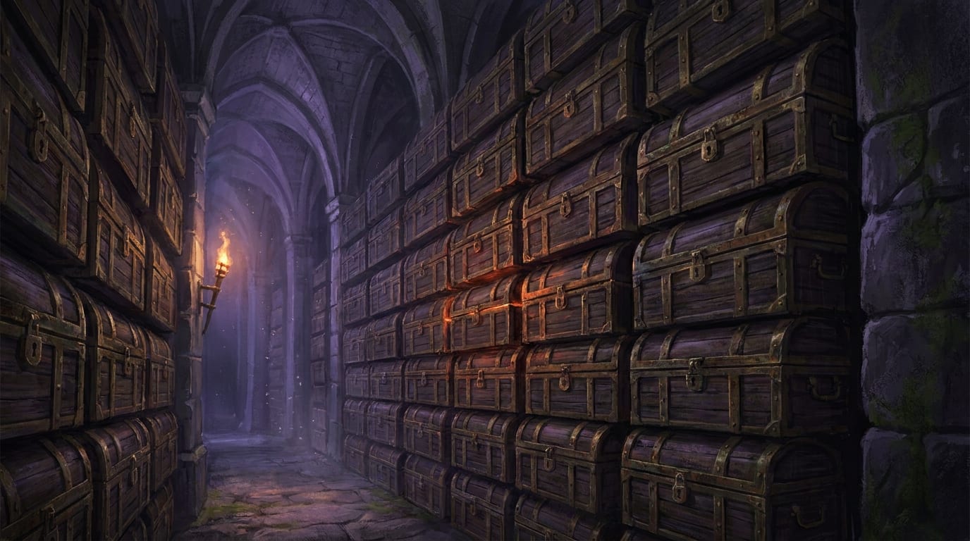A vaulted stone corridor stacked floor to ceiling with sealed wooden chests, lit by one torch, a single chest seam glowing orange