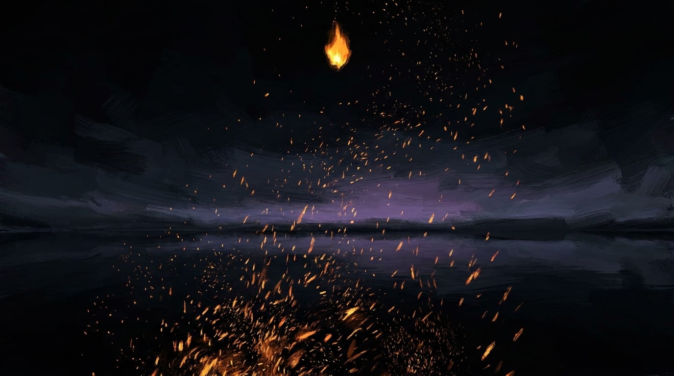 A single burning ember falling toward a still black lake, its sparks scattering across a violet horizon and reflecting in the water