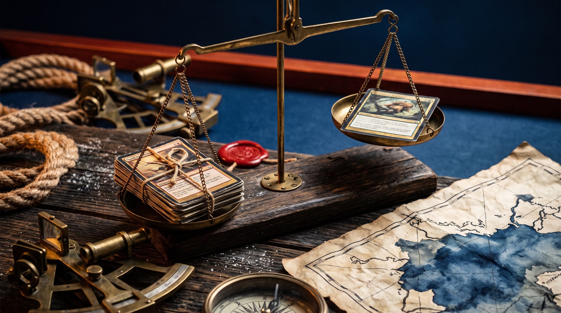 A pair of brass scale pans, one holding a stack of cards and the other a single card, the beam slightly tipped.