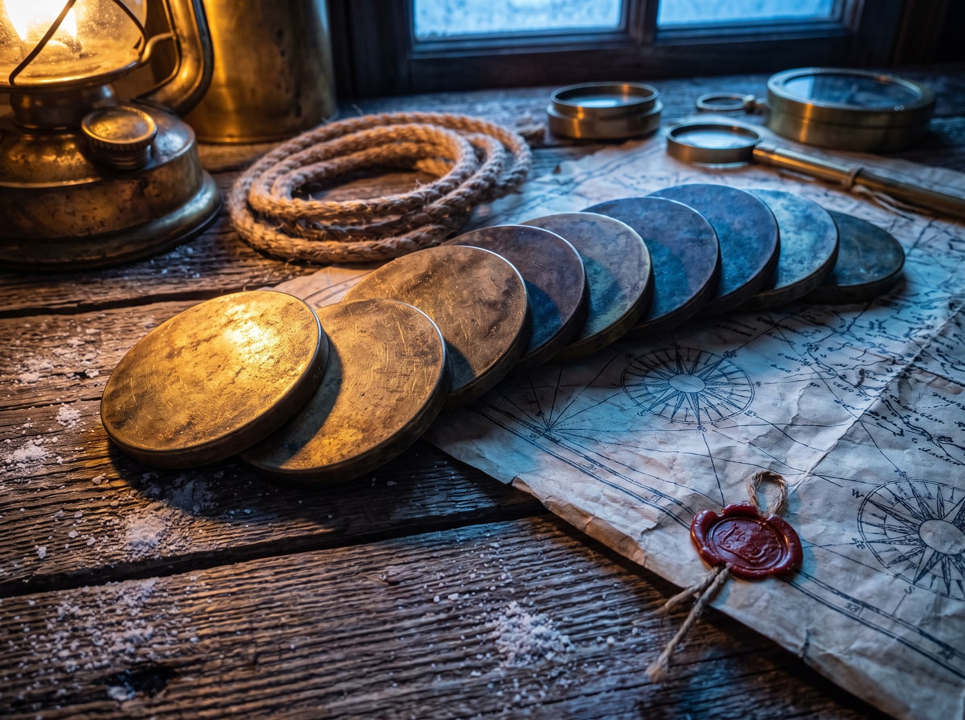 Ten identical brass discs on salt-worn wood, two pushed forward into the light and the rest left in shadow.