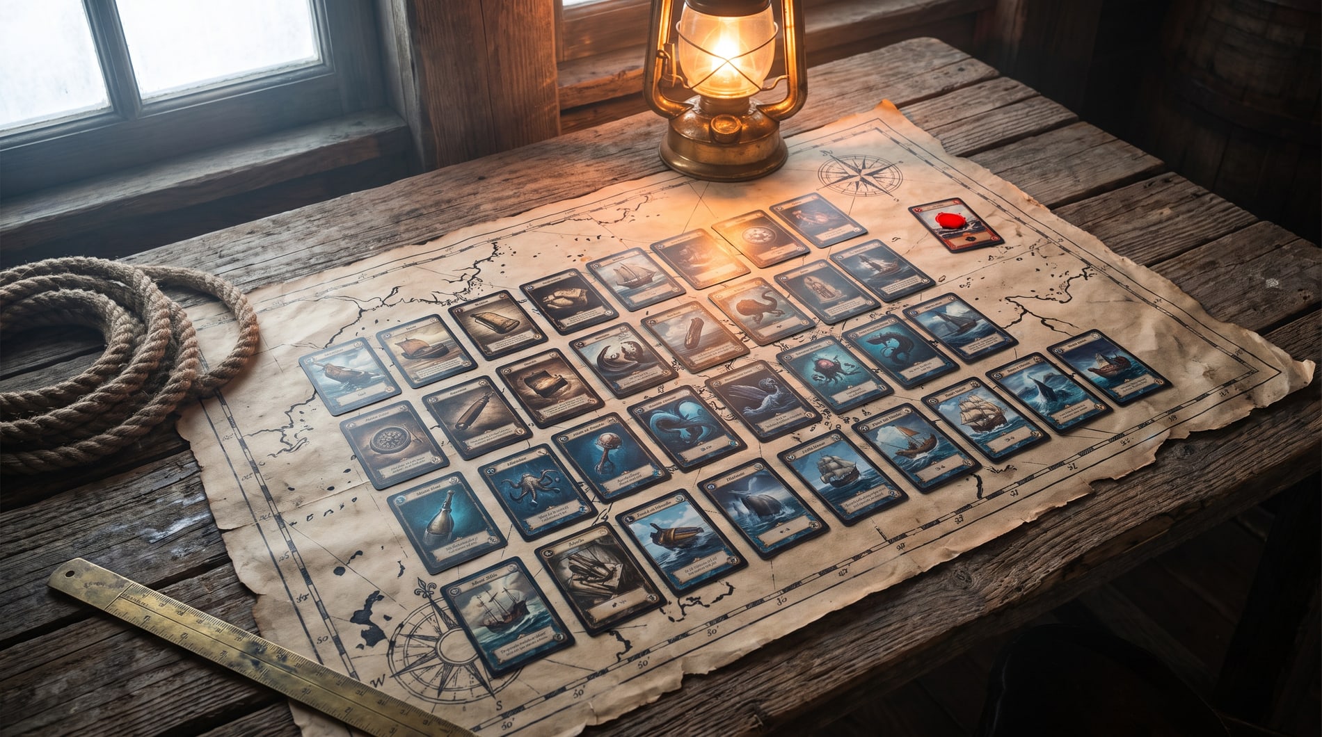 Fifty cards laid out in ordered columns by cost across a wide plank desk under a lantern.
