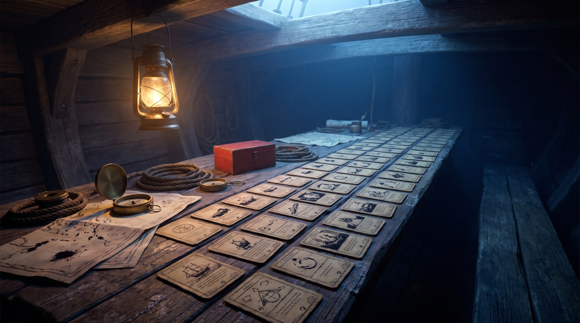 A dark hold below deck, one long table receding into blue shadow with cards laid in rows down its length.