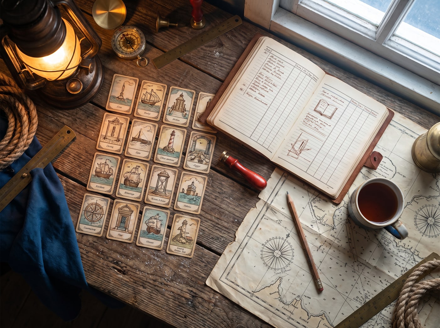 A builder’s workspace from above: a sorted grid of cards, a ruled notebook, a pencil and a cold mug of tea.