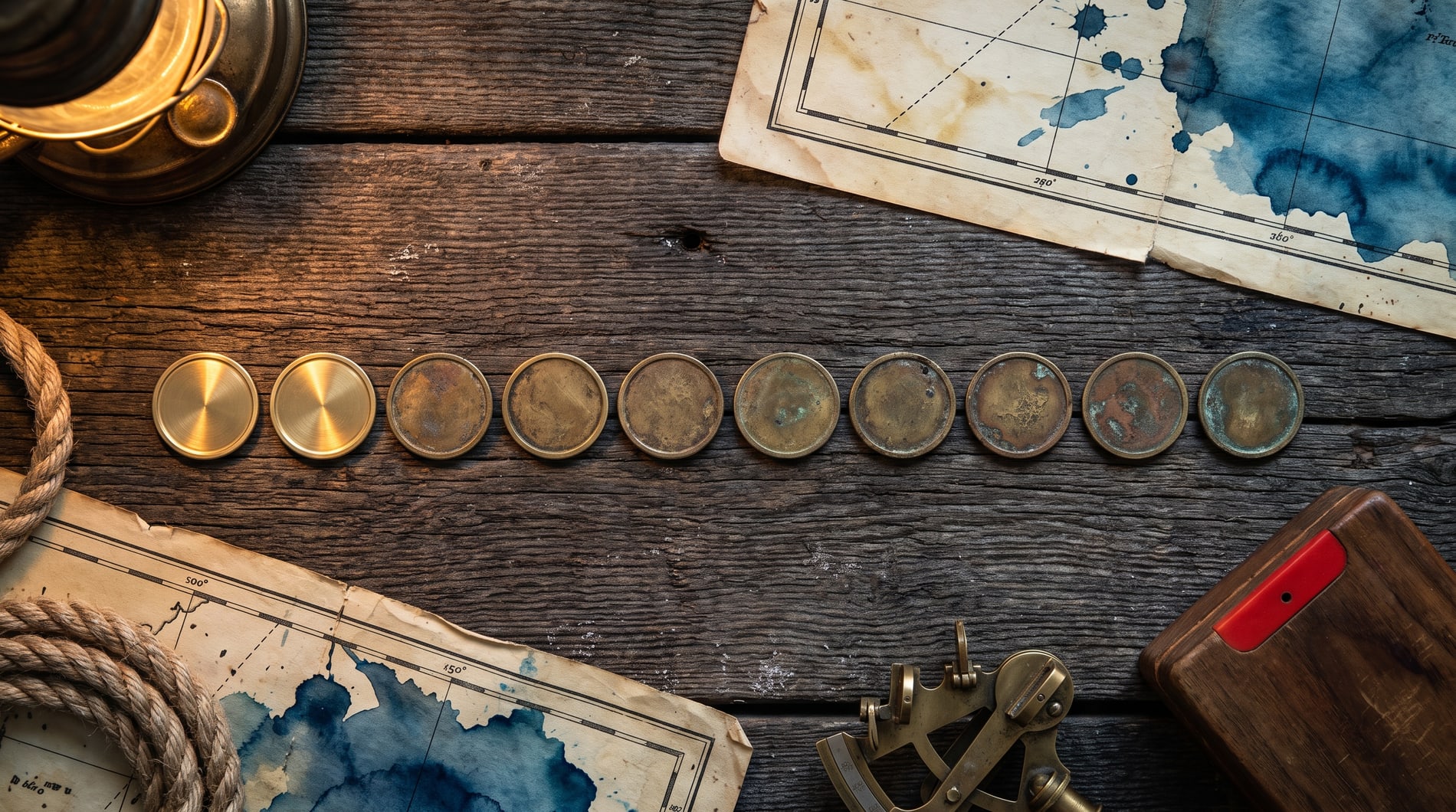 Ten brass tokens laid in a line across dark timber, the first two polished bright and the rest left dull.