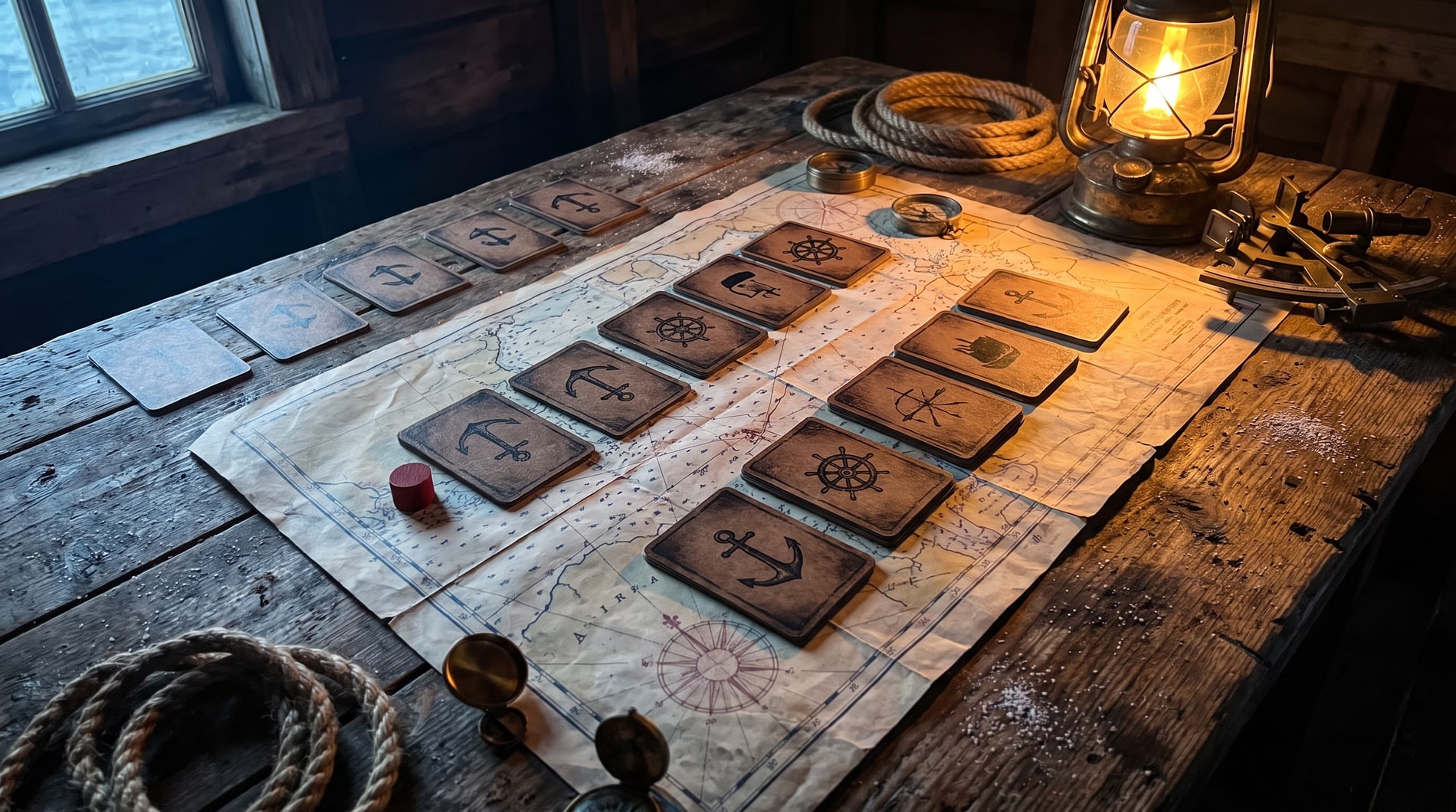 A first game laid out on a plank table, two facing rows of cards and a row of five face-down cards along one edge.