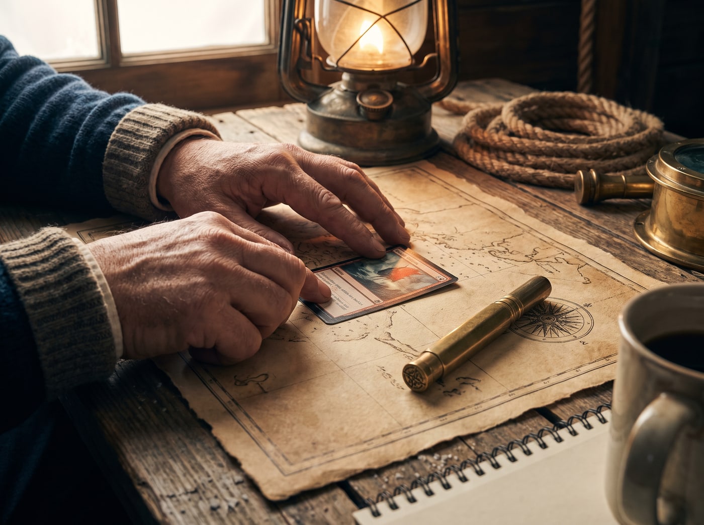 A teacher’s hands setting a card down onto a chart-paper mat beside a brass marker.