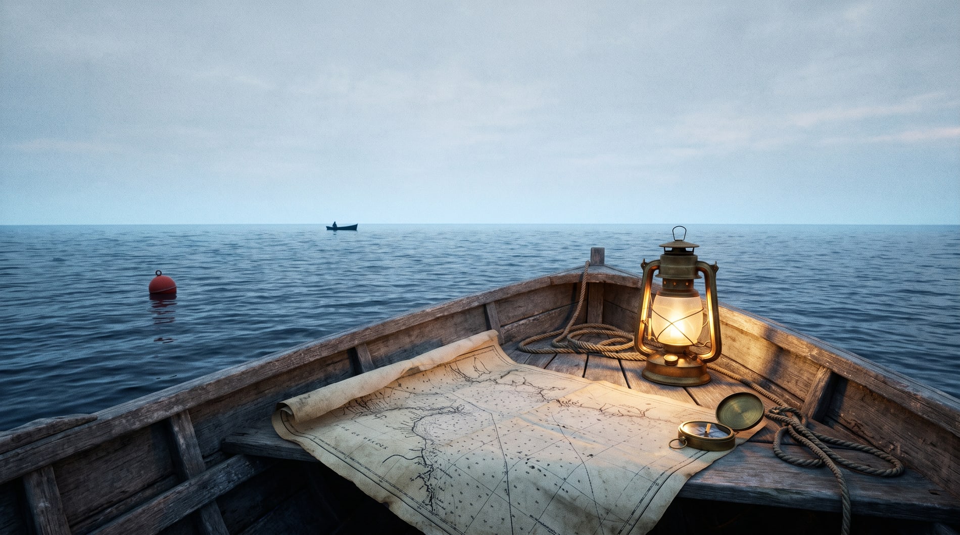 A wide calm sea at dawn seen low from the water, one small boat far off on the horizon.