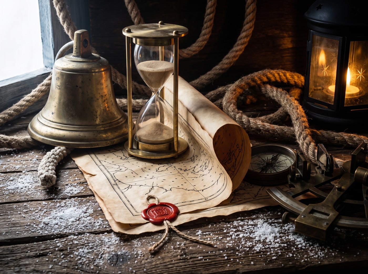 A brass ship’s bell and a small sand-glass standing together on salt-worn wood.
