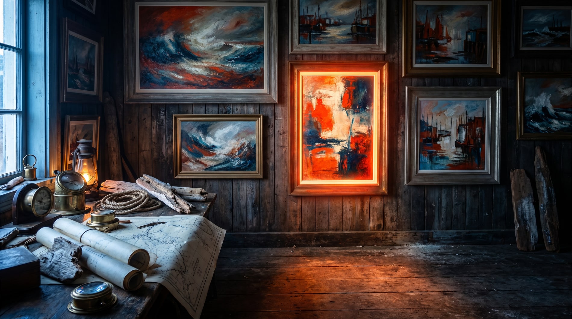A dark timber wall hung salon-style with framed painted artworks, one frame near the centre burning brighter than the rest.
