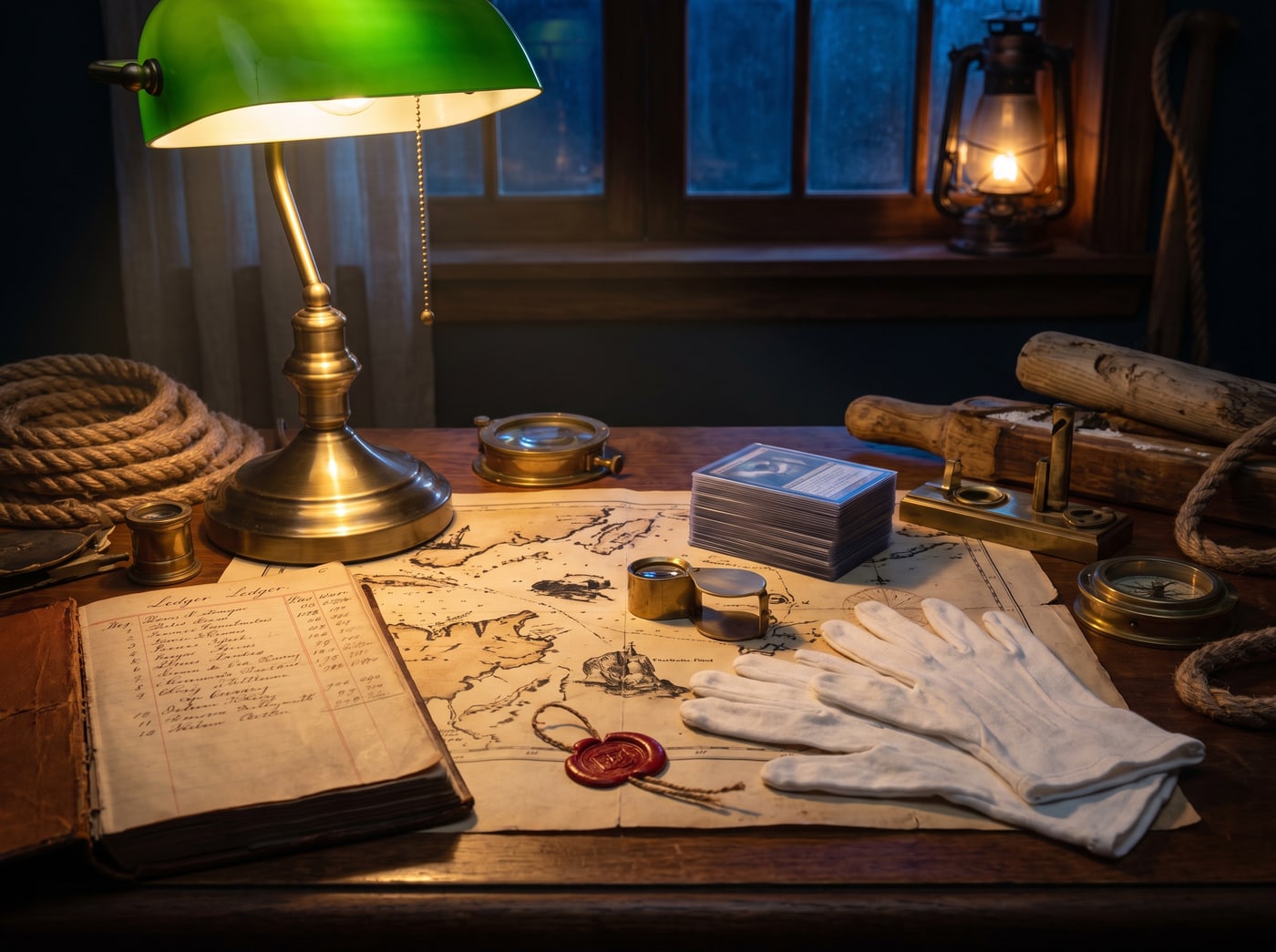 A collector’s desk at night: cotton gloves, a brass loupe, an open ledger and a stack of sleeved cards.