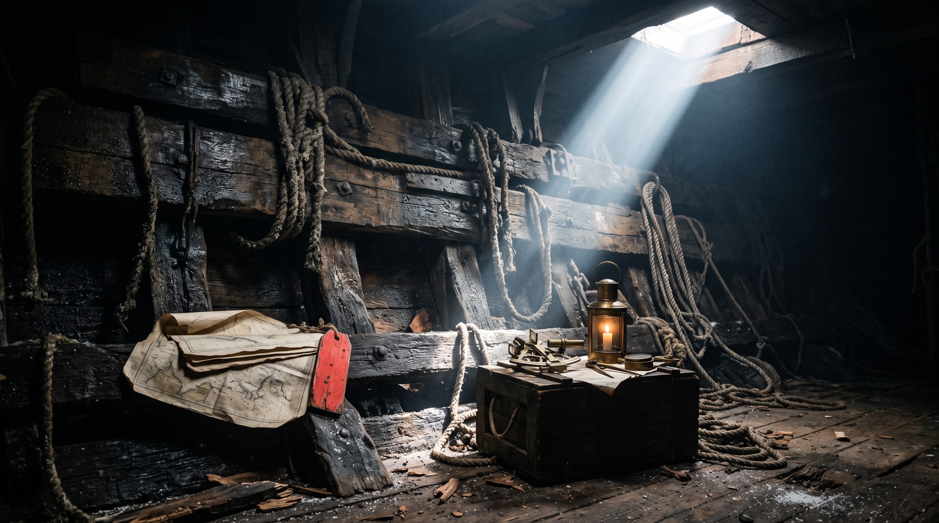 A wall of weathered timber and salt-stained rope in a dark hold, one hard shaft of daylight cutting through the dust.