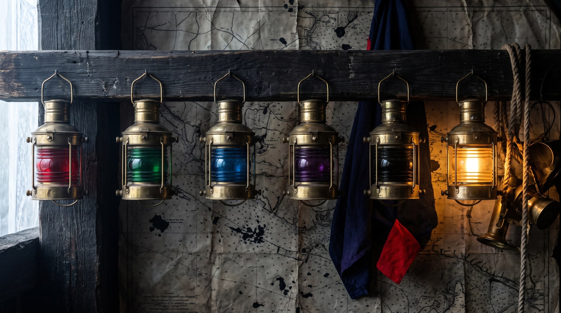 Six brass ship’s lanterns hung along a dark beam, each glazed a different colour, only one of them lit.
