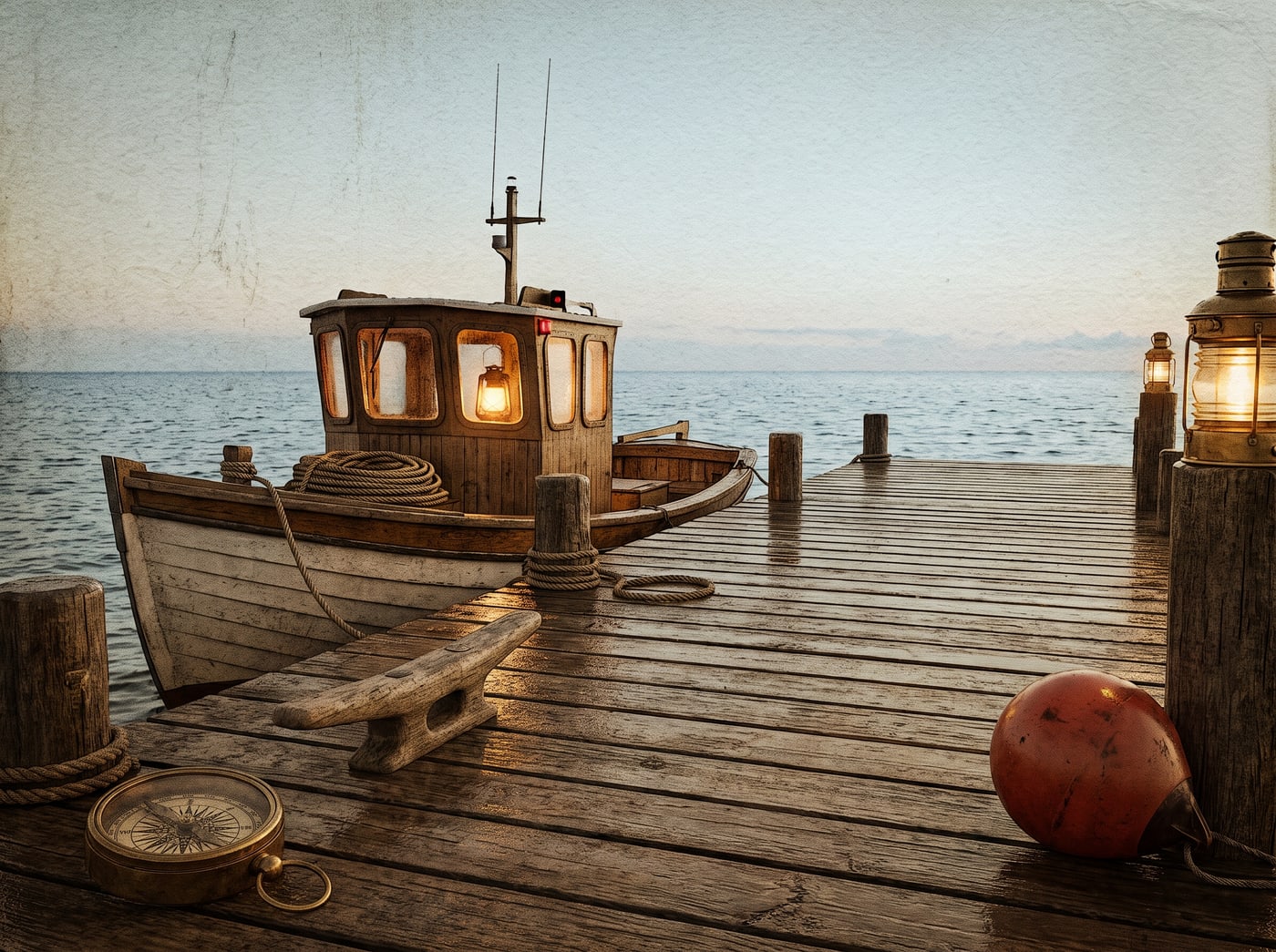 A small harbour at first light, one rigged boat and a coil of rope on the jetty boards.