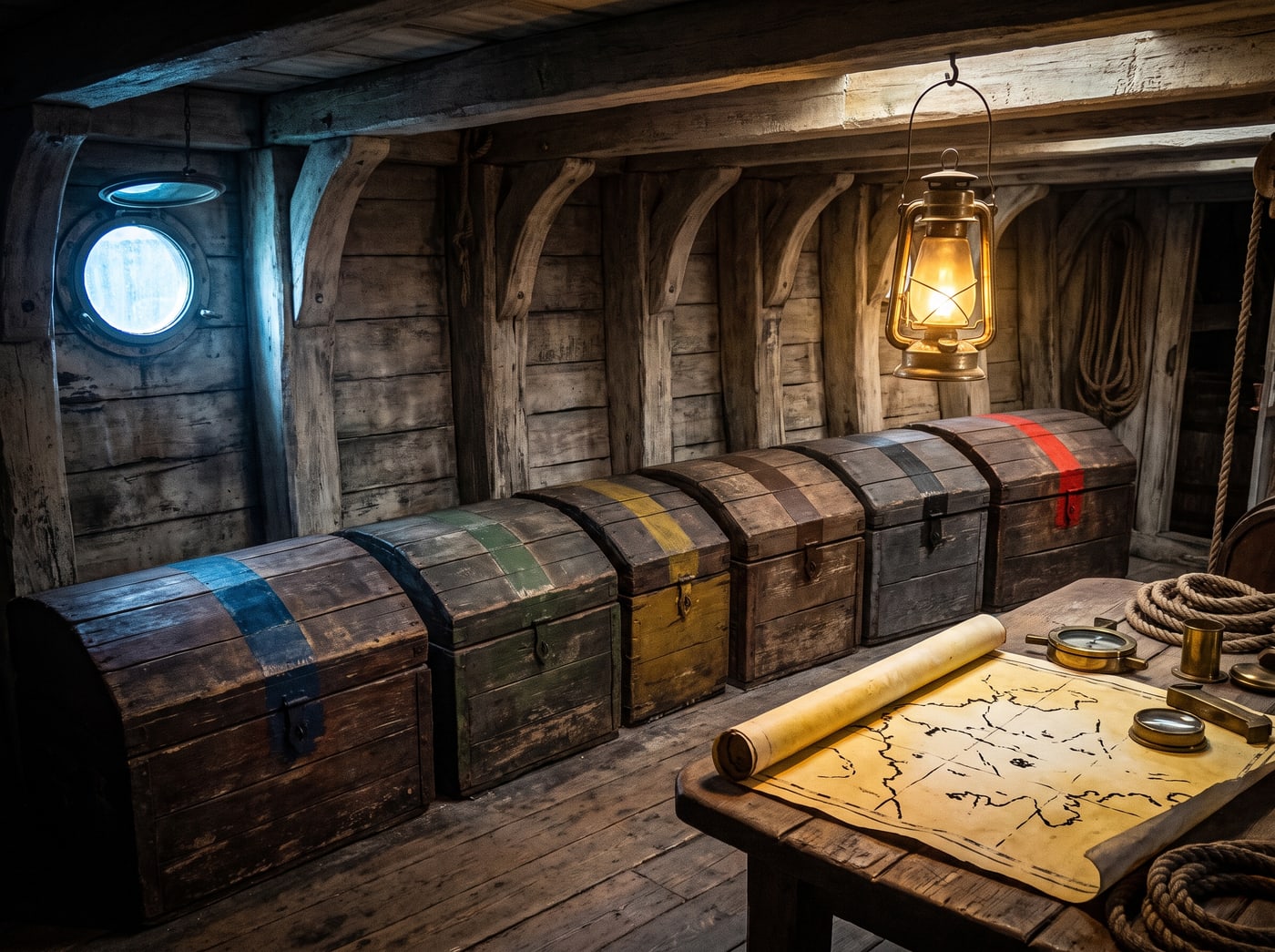 Six sea chests along a ship’s bulkhead, each with a different coloured band painted across its lid.