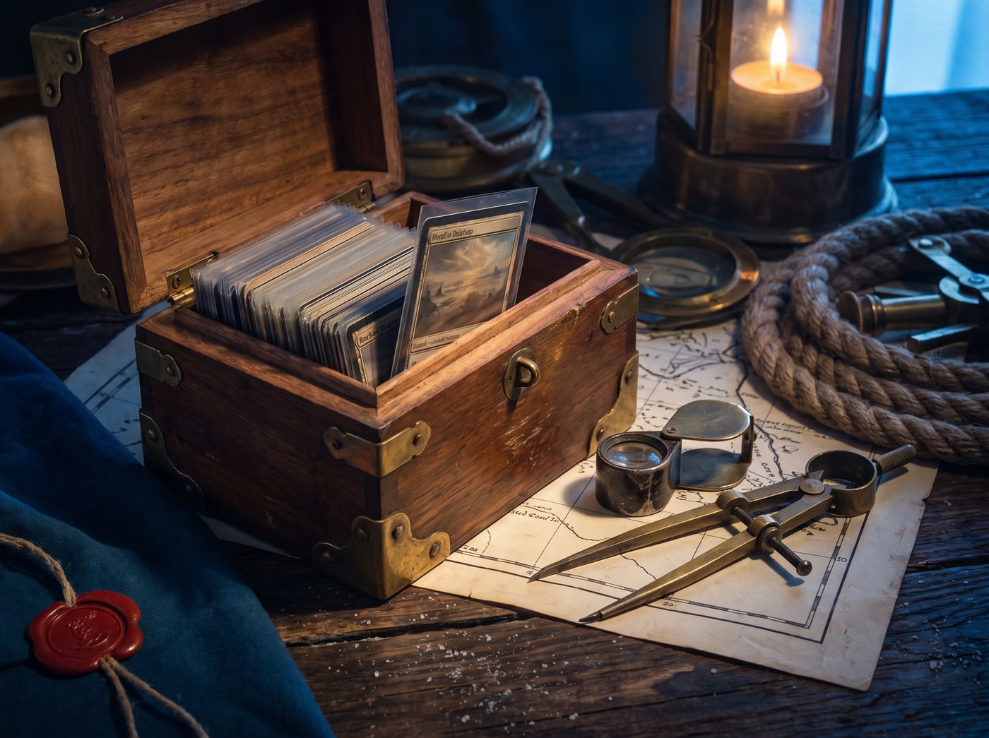 An open brass-cornered strongbox of sleeved cards with a loupe and a pair of dividers beside it.