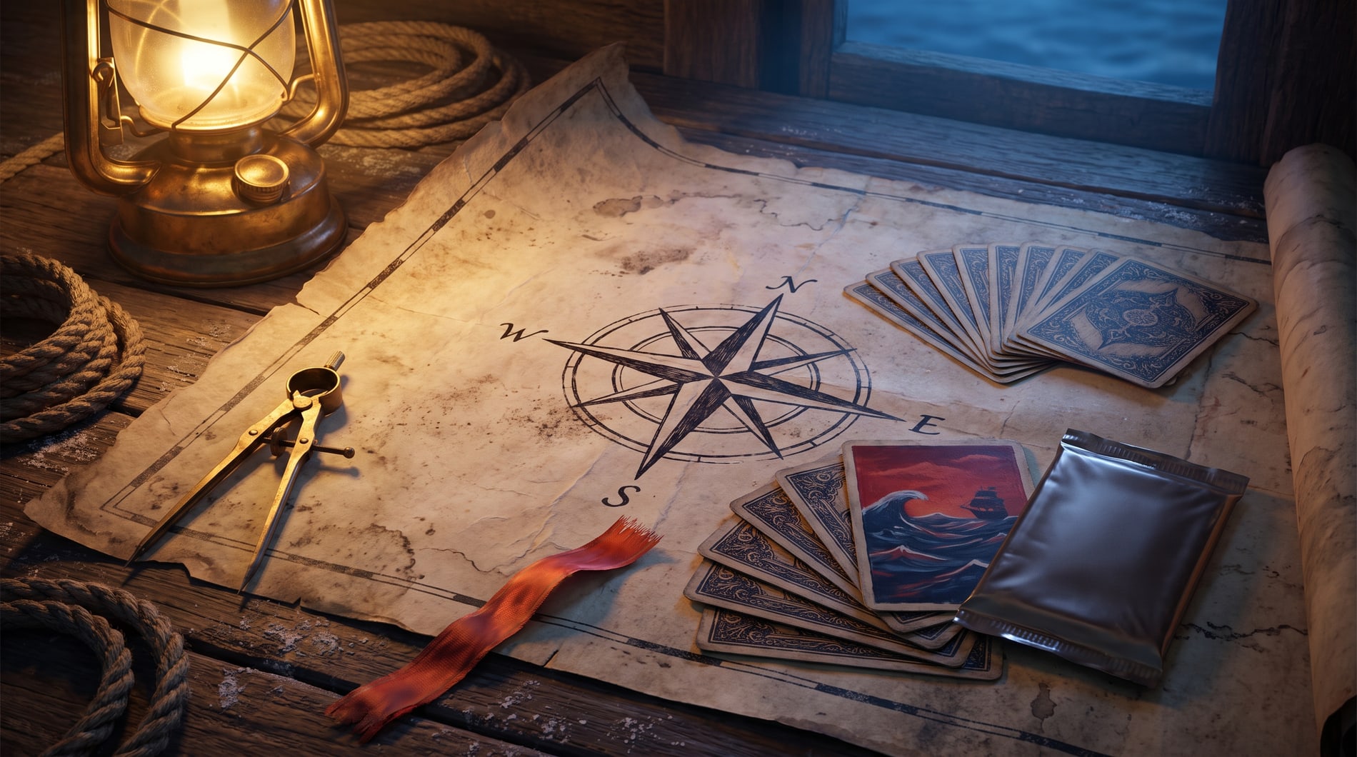 A navigator’s table at dusk: a huge sea chart weighted flat with brass instruments, a compass rose inked at its centre, lantern light from one side and cold evening from the other.