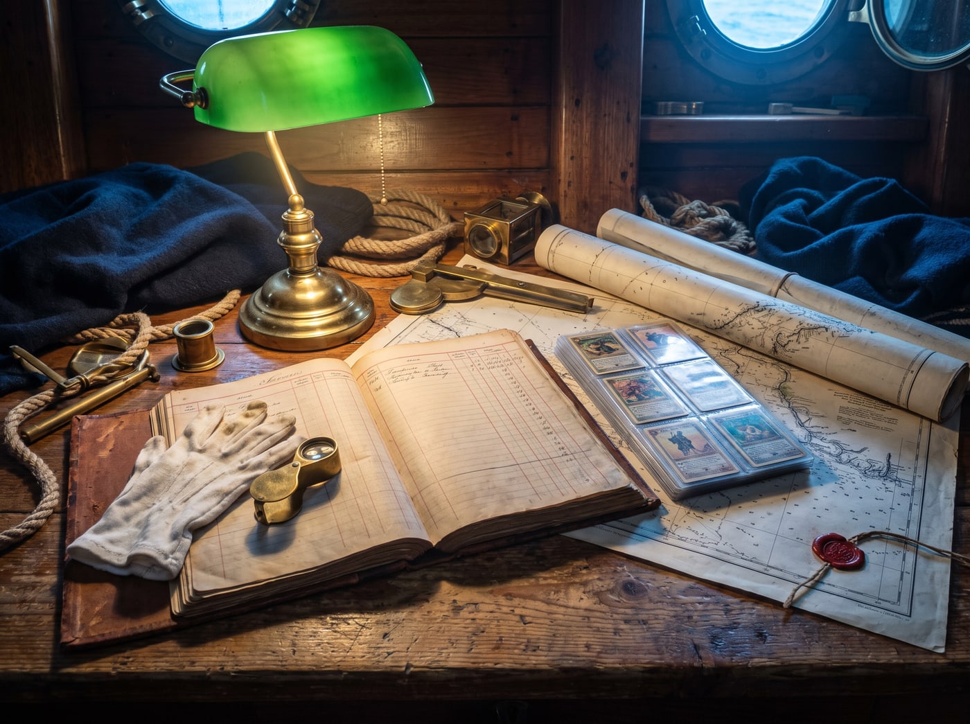 An archivist’s desk aboard ship: cotton gloves, a brass loupe, a ruled ledger and a row of sleeved cards under a green-shaded lamp.