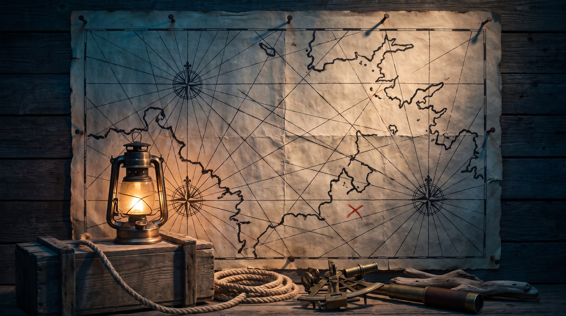 An enormous sea chart pinned across a dark wall, inked coastlines and rhumb lines running edge to edge under one low raking lantern.