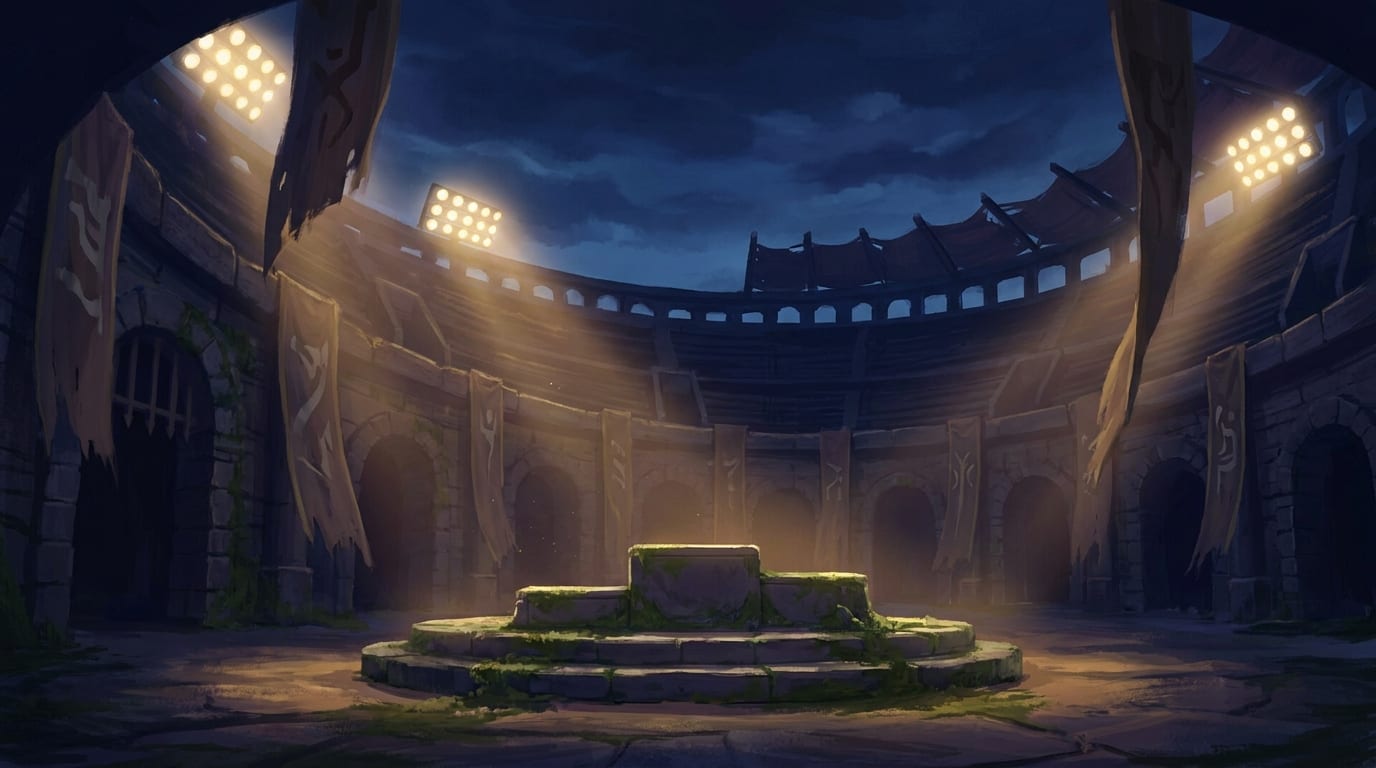 A floodlit stone arena at night, tattered banners hanging over an empty central dais