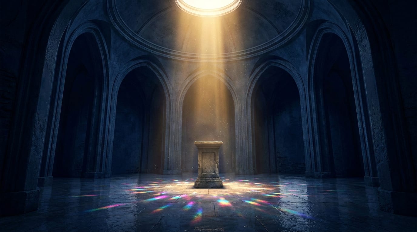 An empty stone pedestal in a vaulted hall, lit by one shaft of daylight that scatters rainbow flecks across the floor
