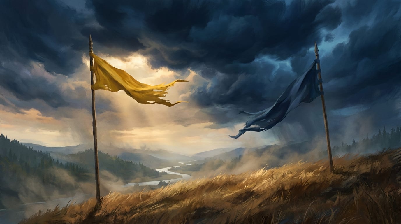 Two torn banners, one gold and one storm blue, facing each other across a windswept ridge under breaking cloud