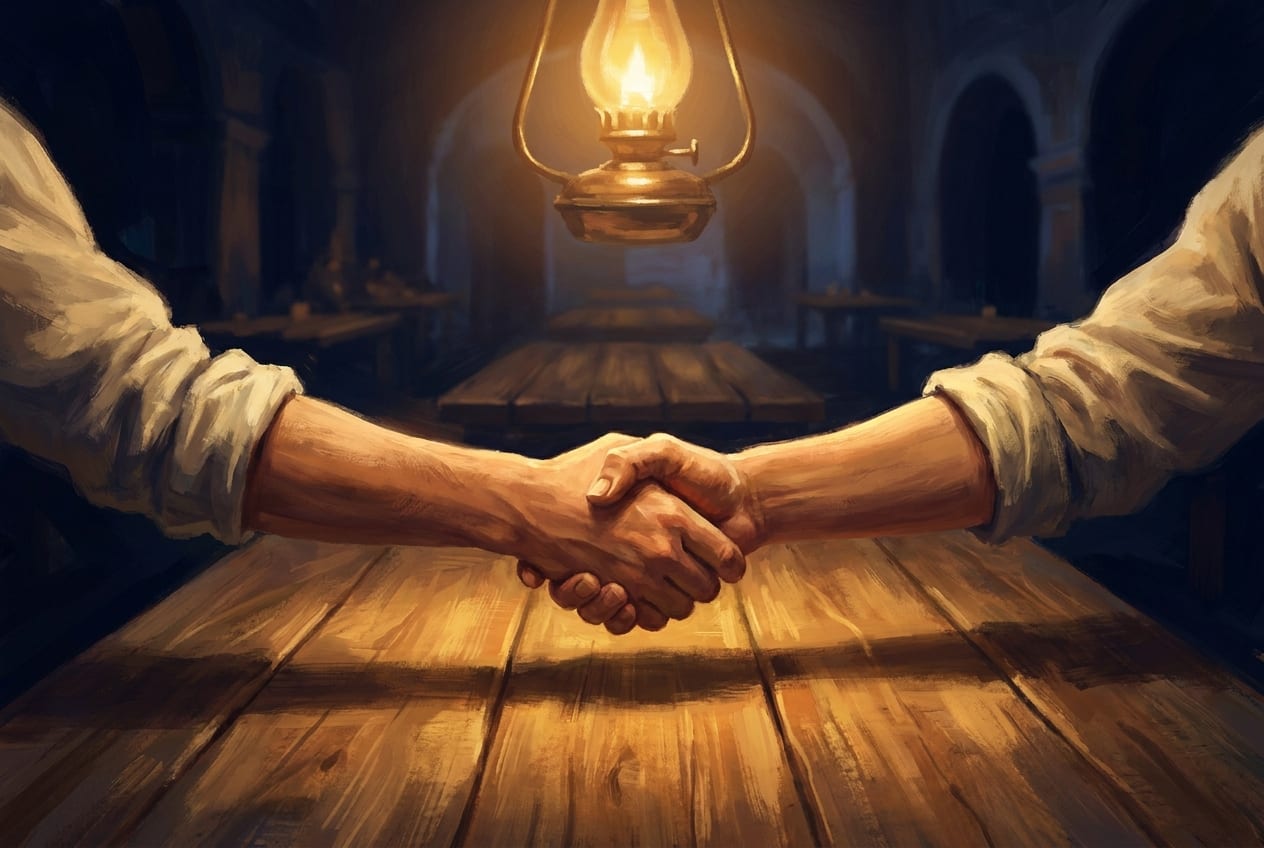 Two players shaking hands across a scrubbed wooden table in a lamplit hall, the cards already cleared away