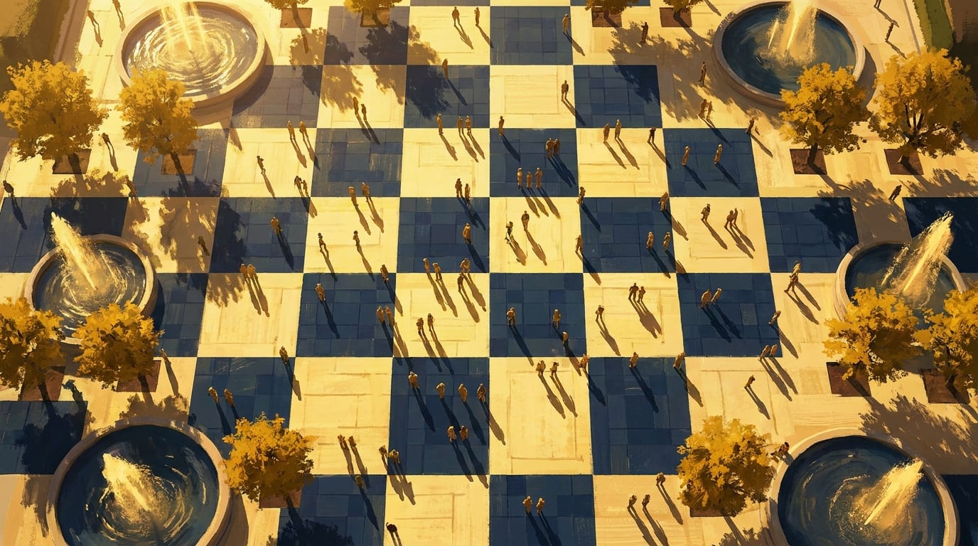 A vast gold-and-navy checkerboard plaza seen from directly above, tiny figures and fountains casting long afternoon shadows