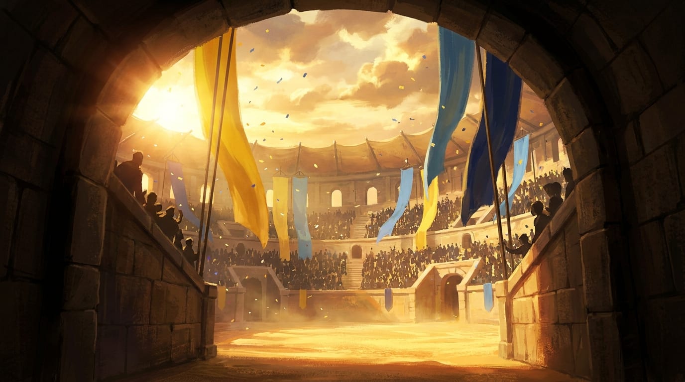 Painted view out of a stone stadium tunnel into a sunlit arena, gold and blue banners hanging above a packed crowd