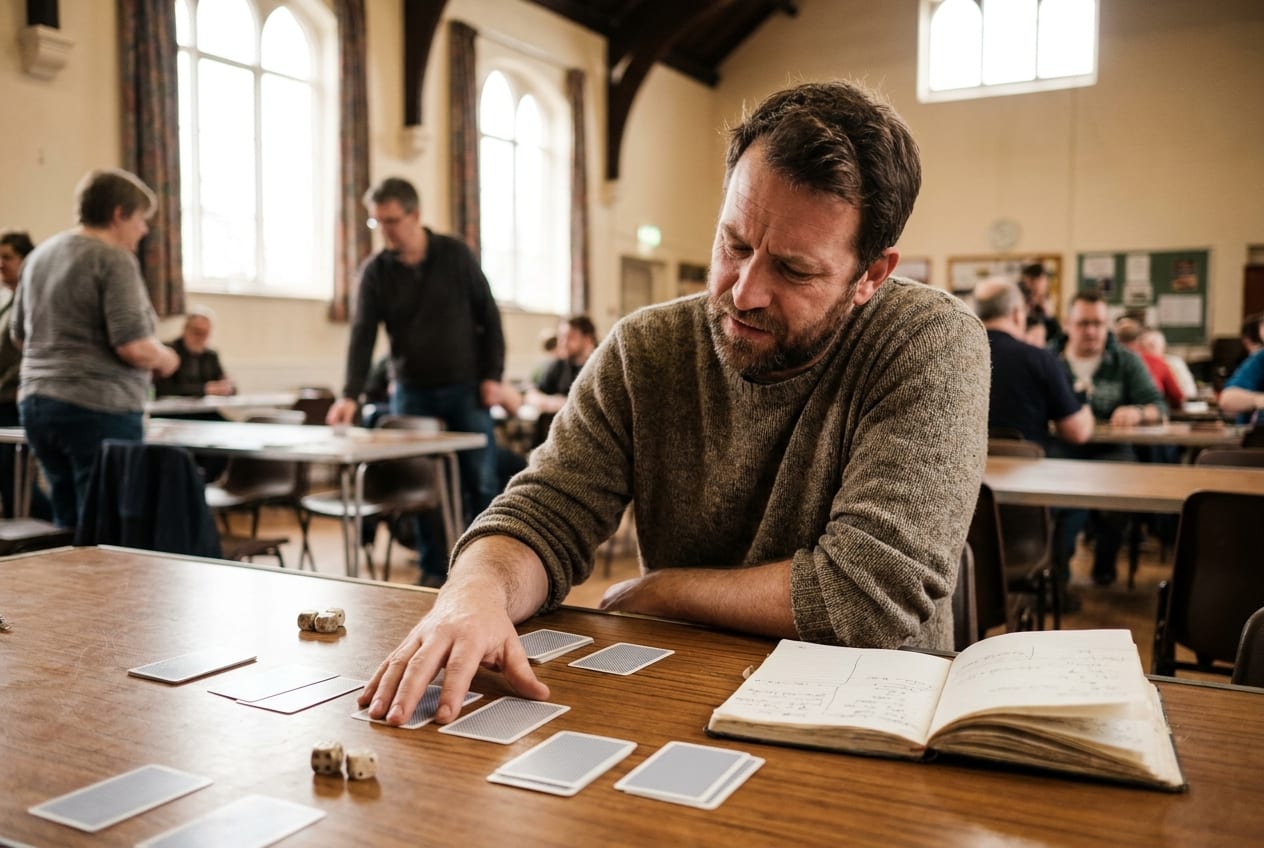Ian laying out face-down cards across a village hall table beside a handwritten notebook, a club night going on behind him