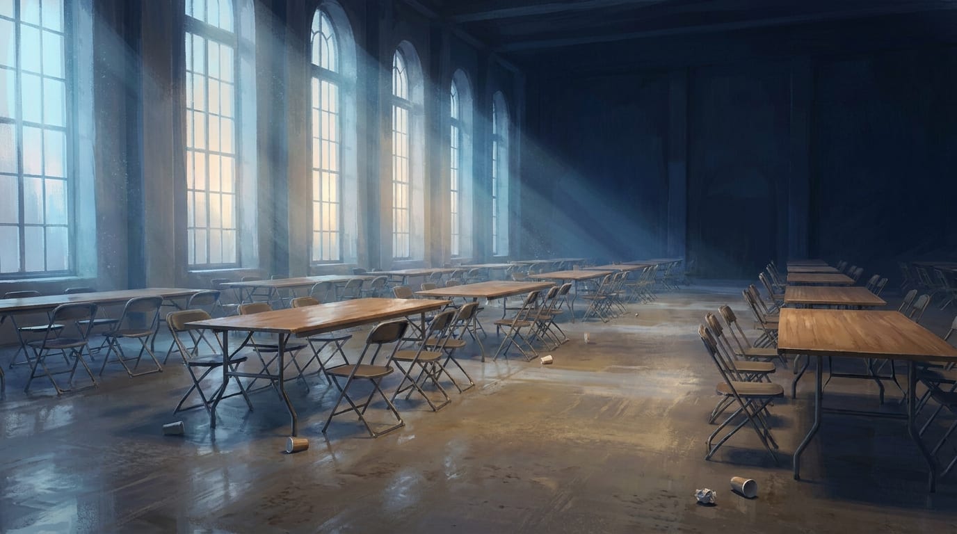 An empty tournament hall at first light, long rows of folding tables and chairs with paper cups still on the floor