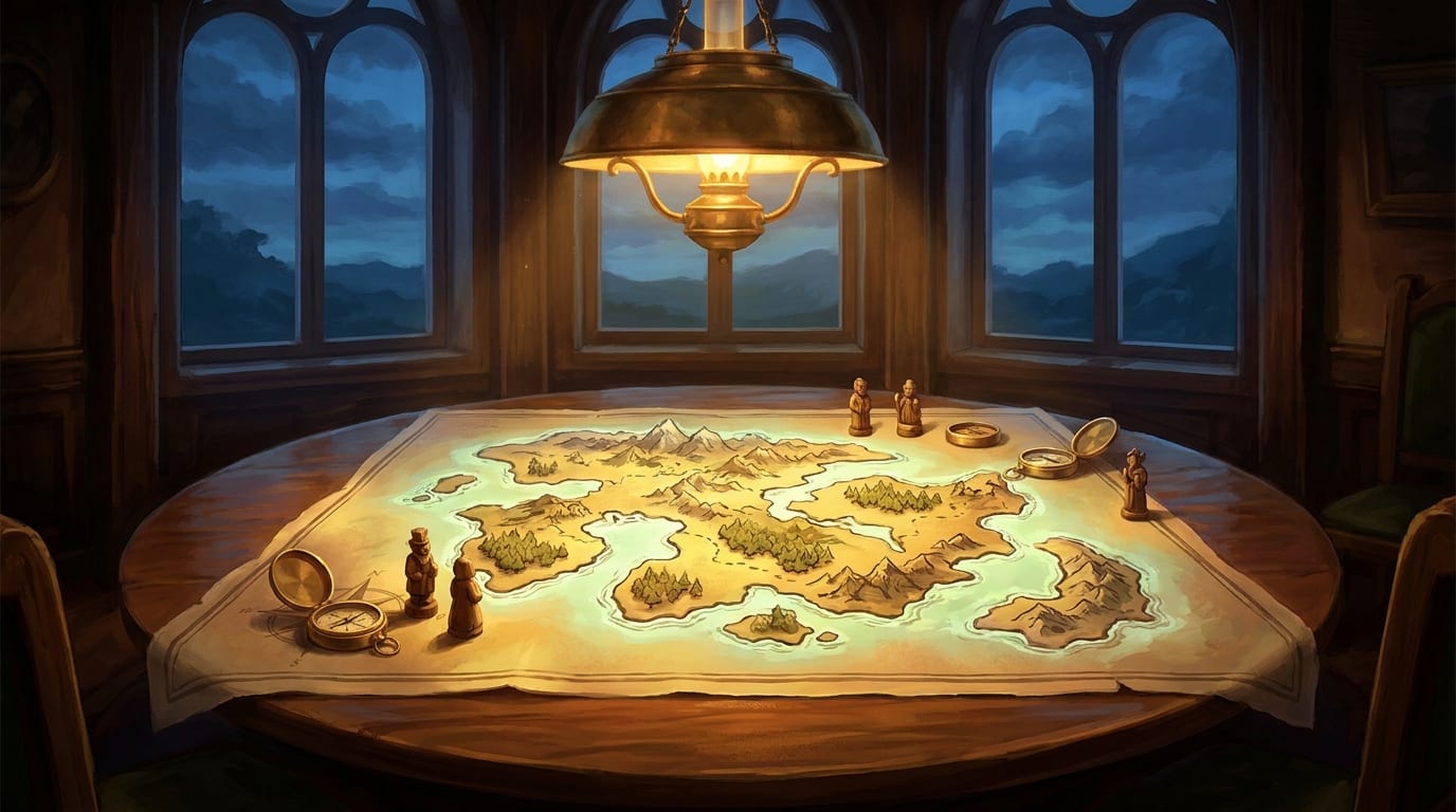 A dim war room at dusk, a glowing map spread across a round table with a compass and carved figures beneath a brass lamp