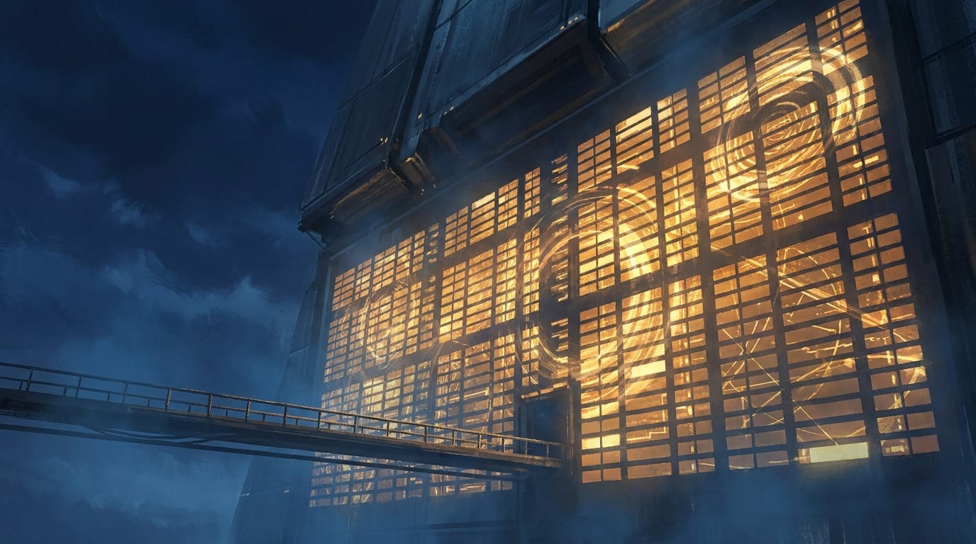 A tall hall at night seen from below, its window grid glowing gold through storm-blue mist