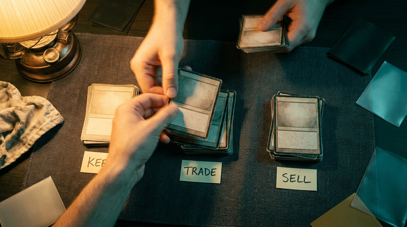 Hands sorting cards into three piles on a playmat