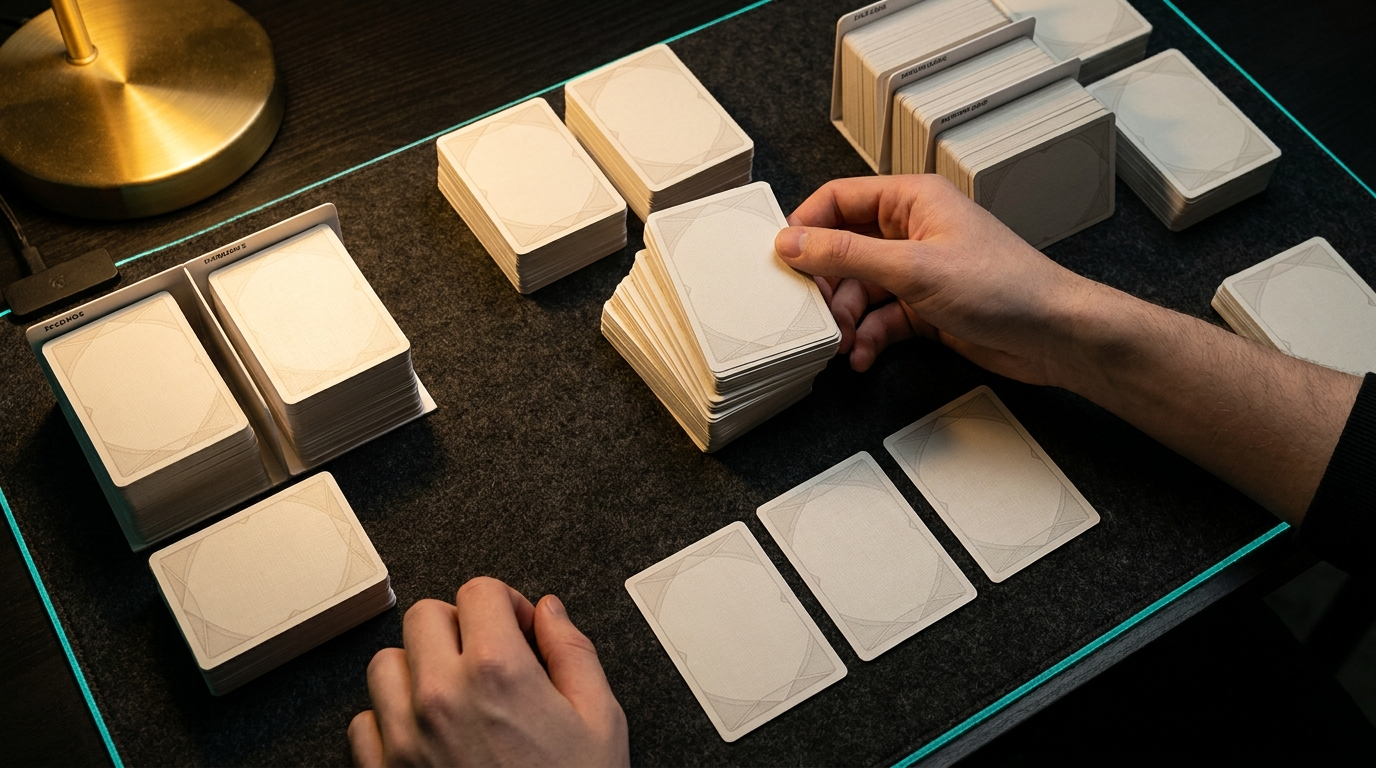 Sorted stacks of cards being assembled into a deck on a playmat