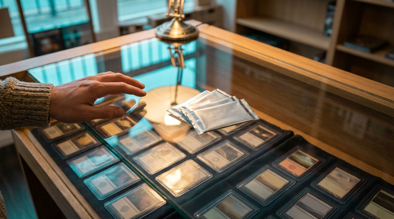 A game shop counter of sleeved singles and sealed packs, a hand hovering to choose