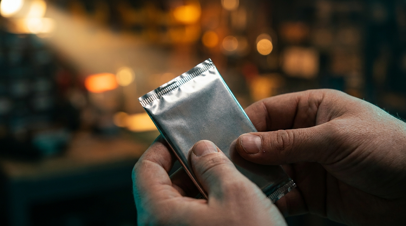 A sealed foil pack held to the light, its factory crimp edge visible