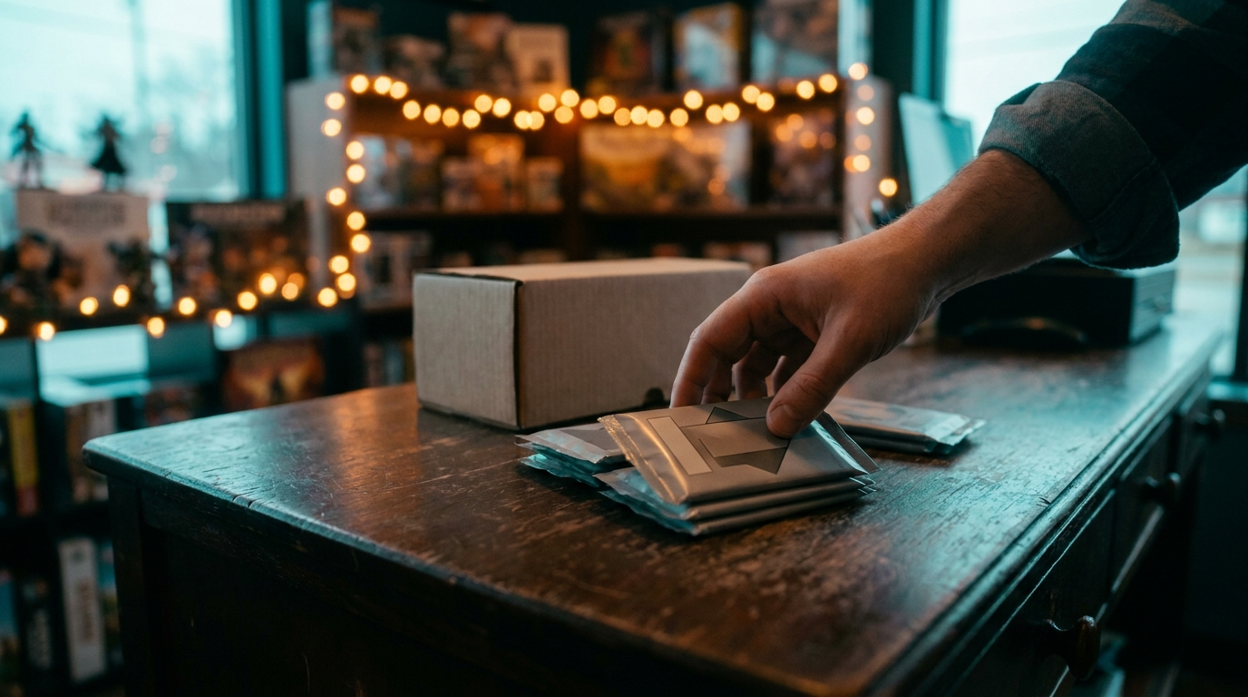 Sealed booster packs on a game shop counter with warm shelf light behind