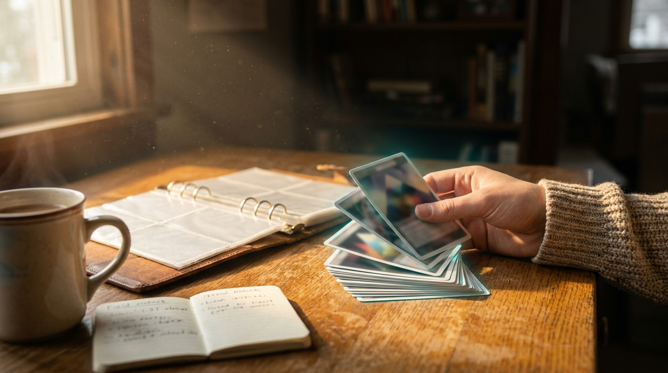 A beginner's first Pokémon cards fanned across a sunlit desk beside an open binder