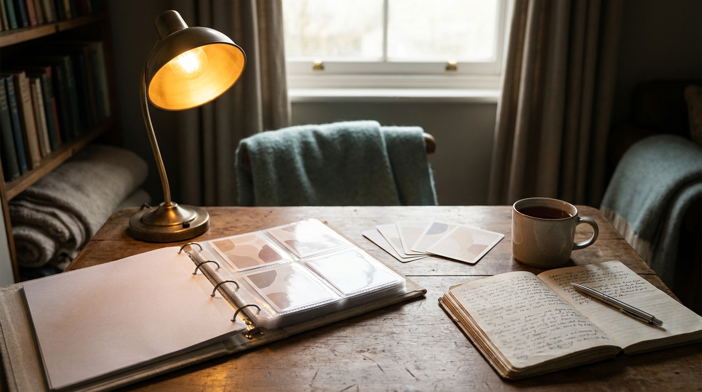 Poppy's corner: an open binder of sleeved cards, a mug, and a notebook under warm lamplight
