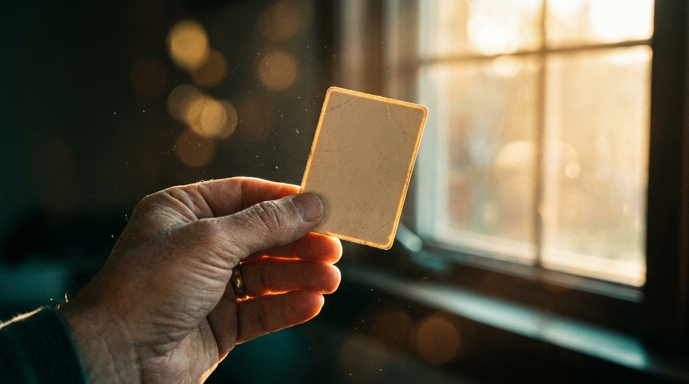 A single card held up to warm window light