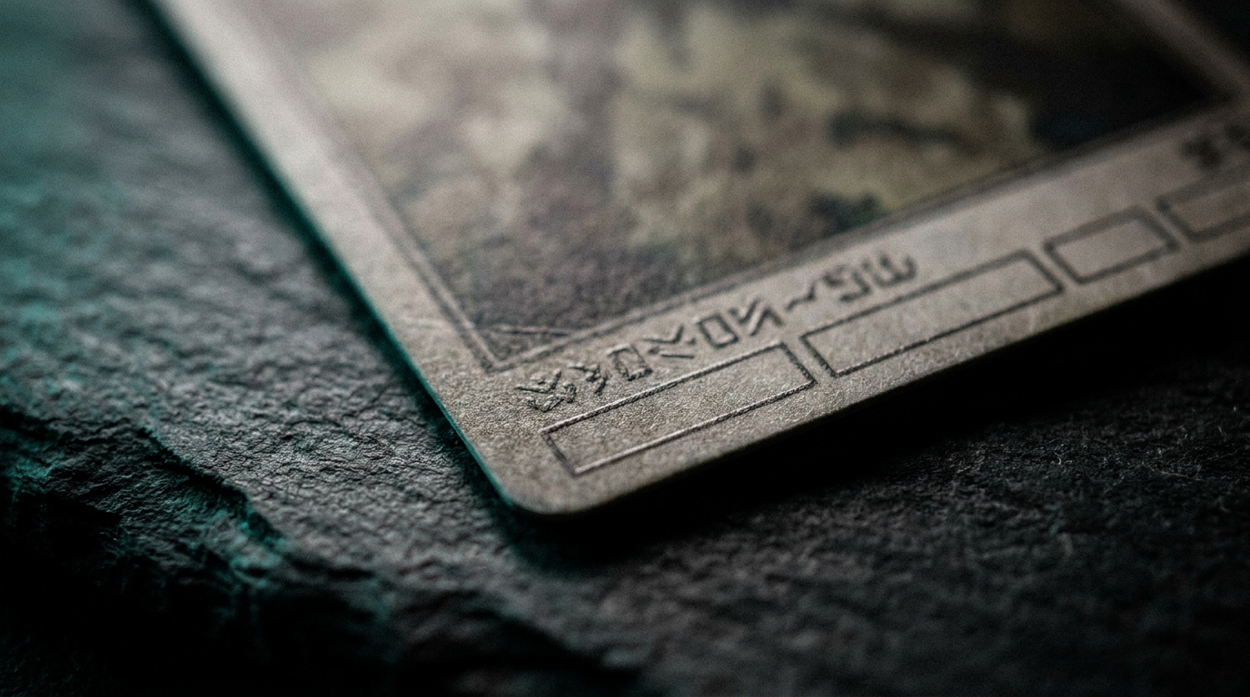 Macro detail of the printed symbol row along a card's bottom edge