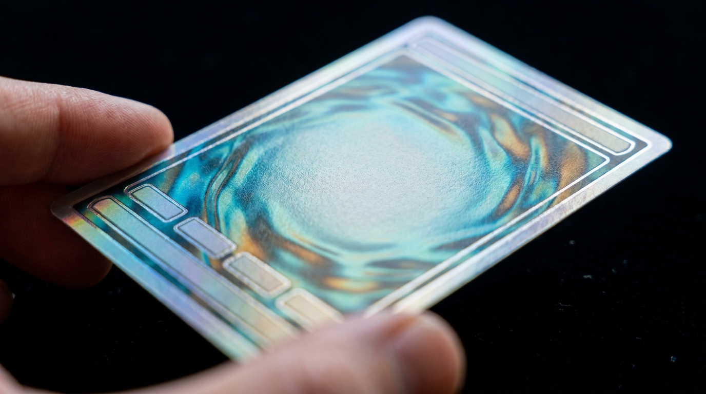 Macro close-up of a trading card's holographic surface catching the light