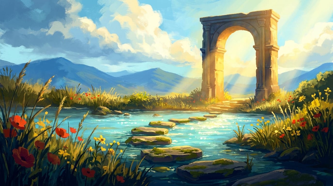 Stepping stones crossing a bright river toward a sunlit stone arch in a meadow of wildflowers