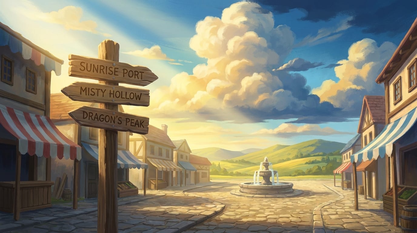 A painted village crossroads in early sun, a wooden signpost pointing three ways above the cobbles, a fountain and green hills beyond