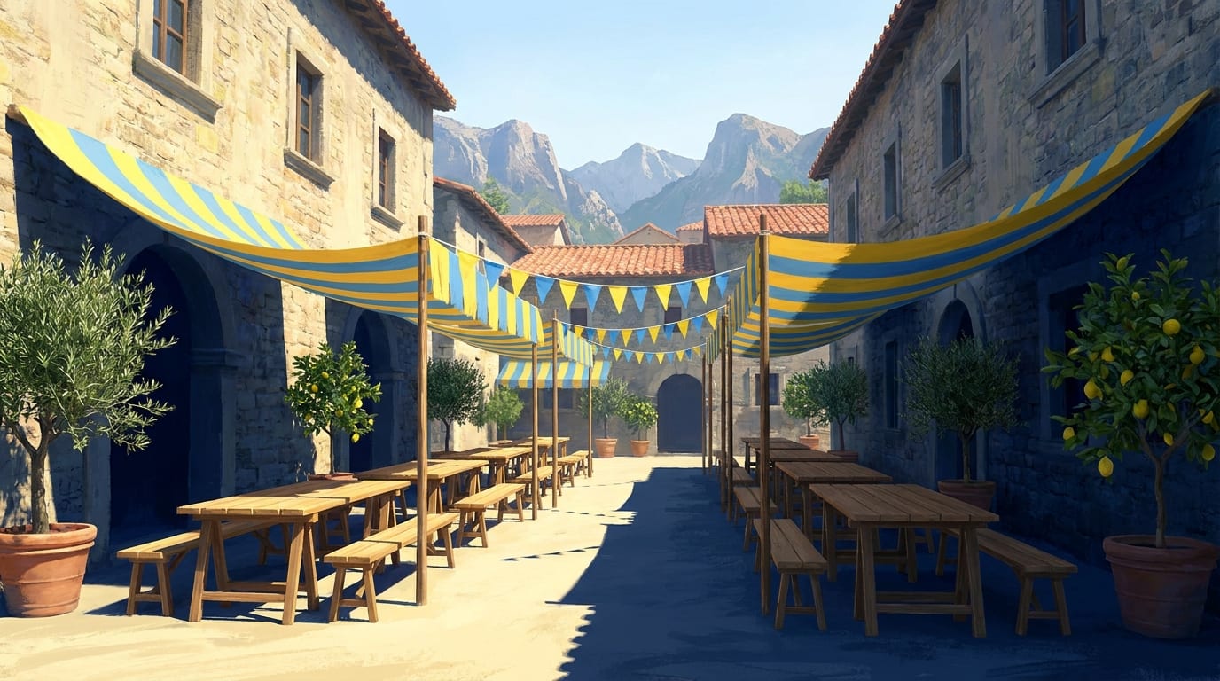 An empty stone courtyard hung with blue-and-yellow striped canopies and bunting, long trestle tables waiting in the sun