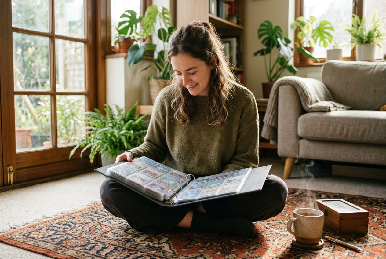 Poppy sitting cross-legged on a rug at home, smiling over an open binder of sleeved cards with a mug beside her