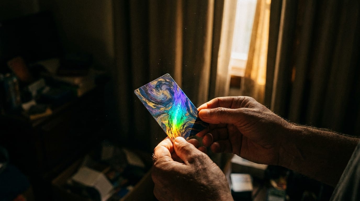 Ian tilting a foil card into a shaft of afternoon light