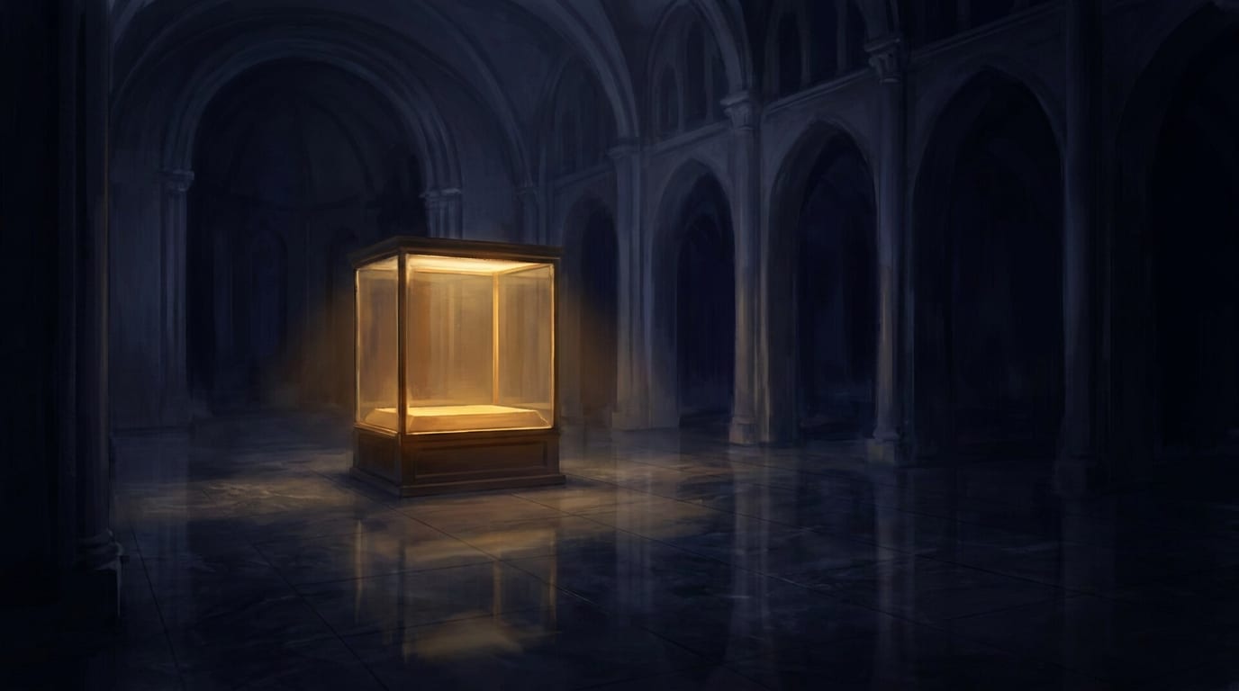 A single glass display case lit from within, standing alone on the polished floor of a vast dark vaulted gallery