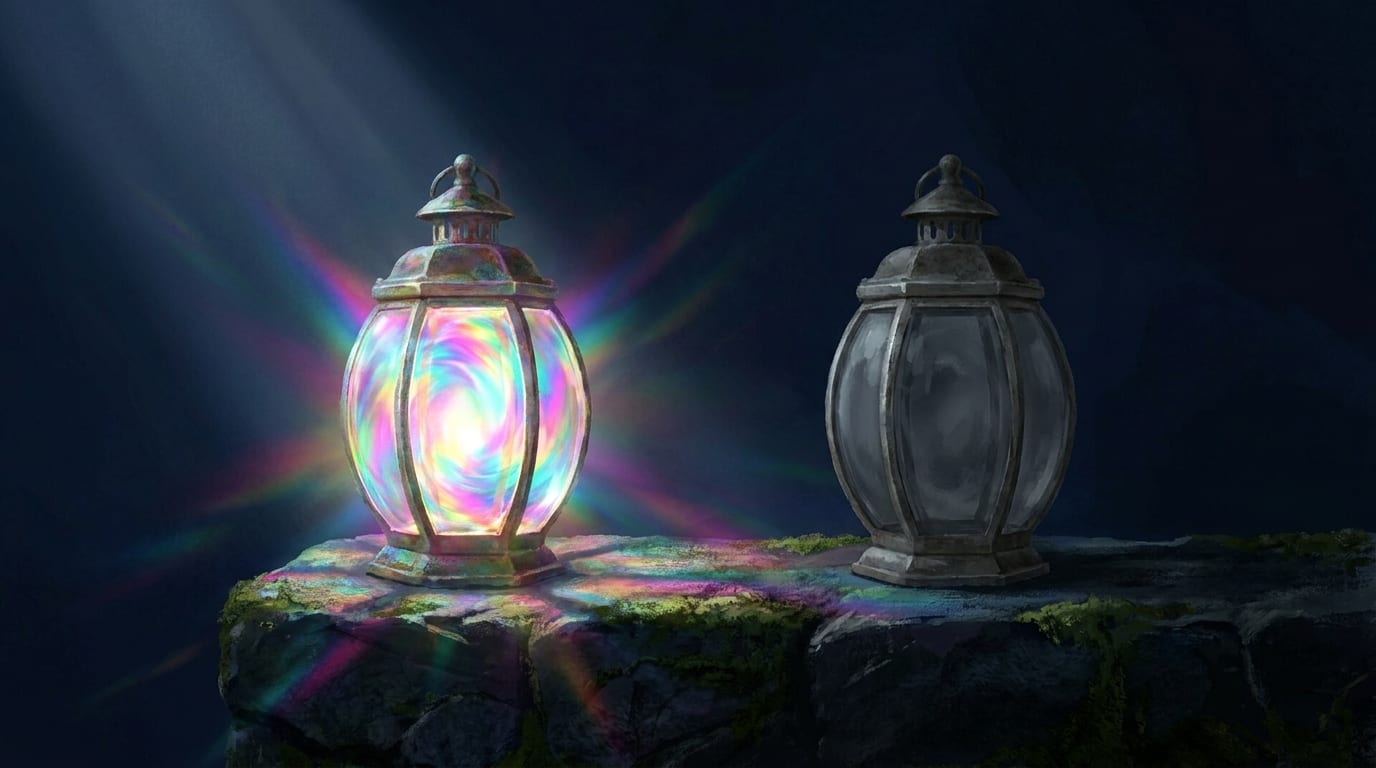 Two identical lanterns on a mossy ledge — the left one blazing with rainbow light, the right one grey and dead