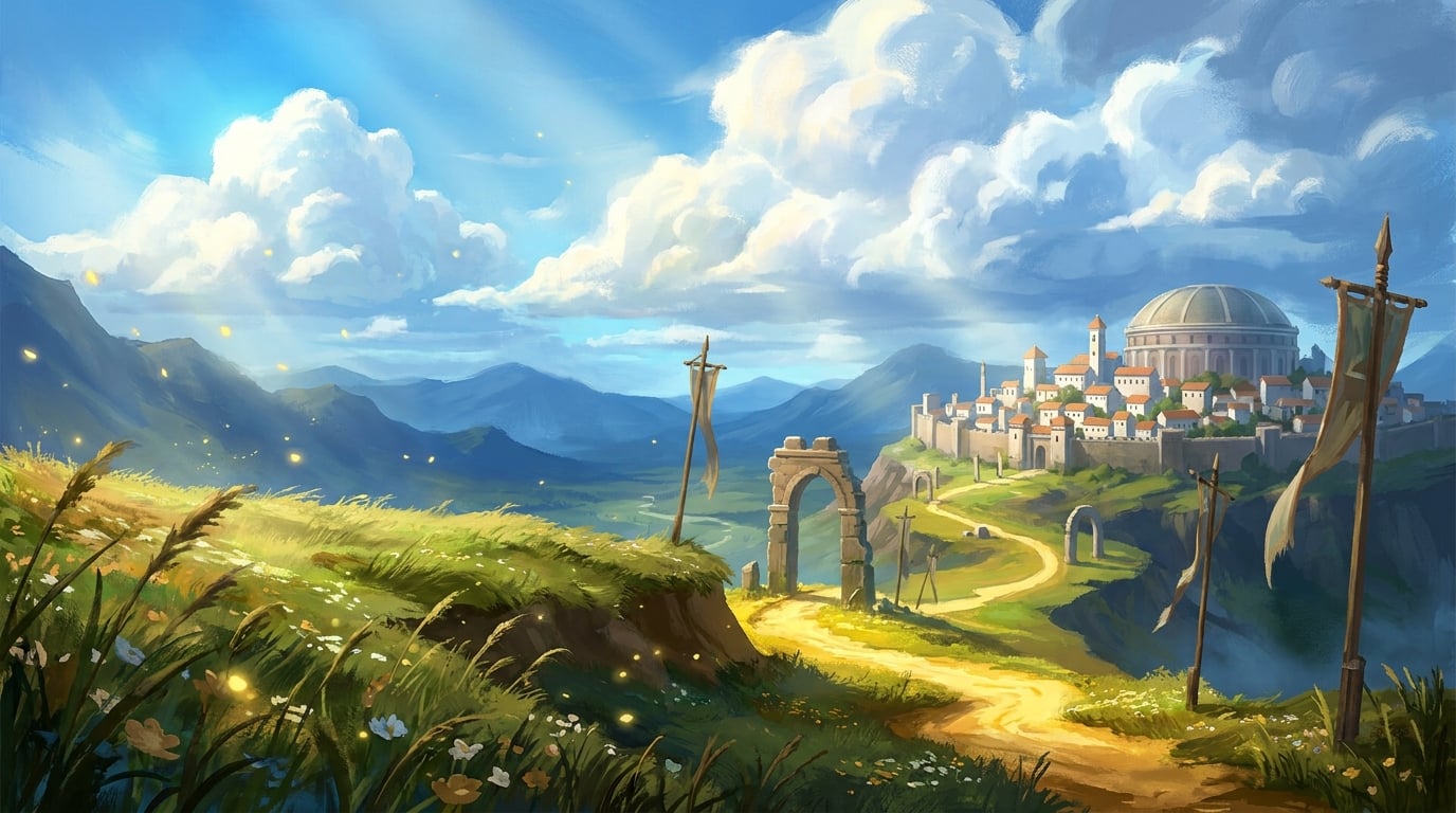 A sunlit valley route winding past stone arches toward a distant hilltop town under an enormous sky
